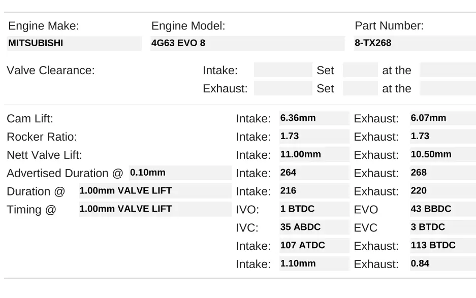 8-TX268 | 4G63 EVO 8 - Kelford Cams