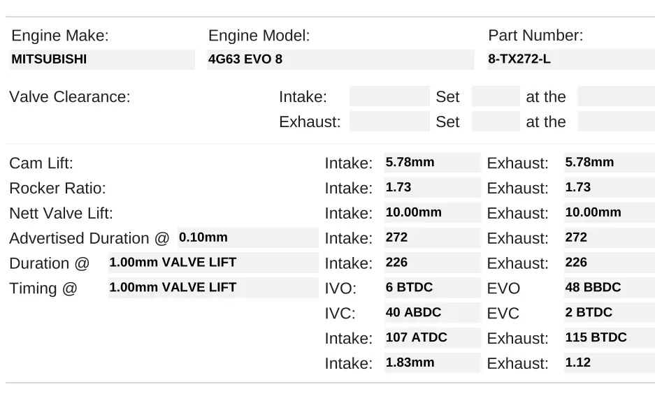 8-TX272-L | 4G63 EVO 8 - Kelford Cams